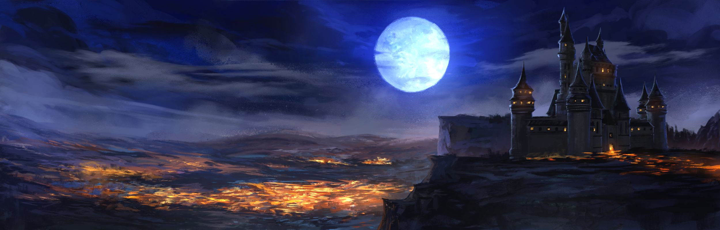 Assassin Lurking by Castle in Moonlight