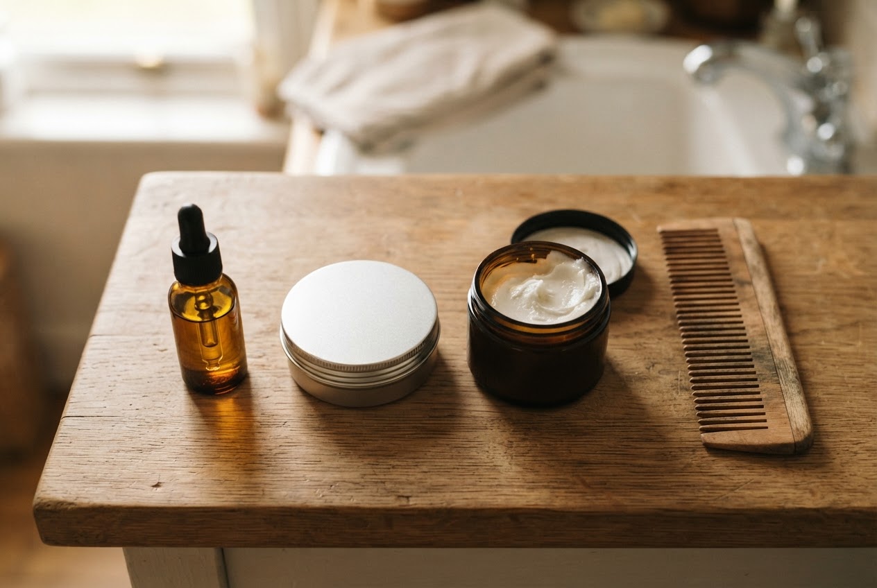 Beard oil, balm, and cream side by side