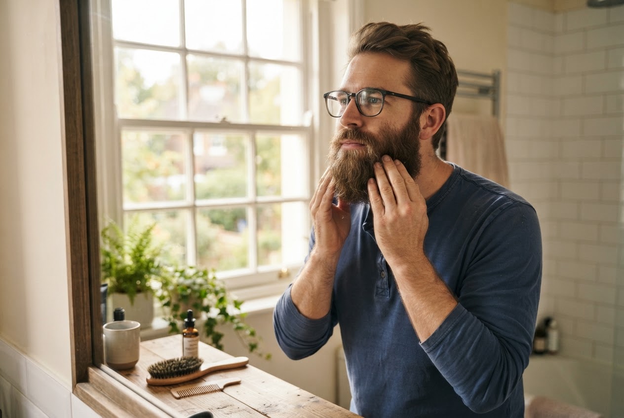 Working beard cream through a medium-length beard