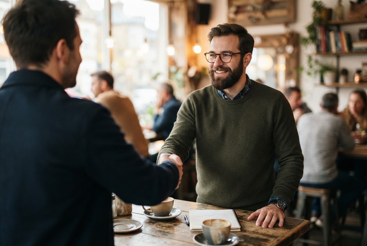 Bearded man greeting someone at a coffee shop
