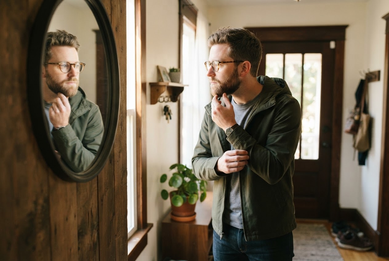 Checking the beard in the mirror before heading out