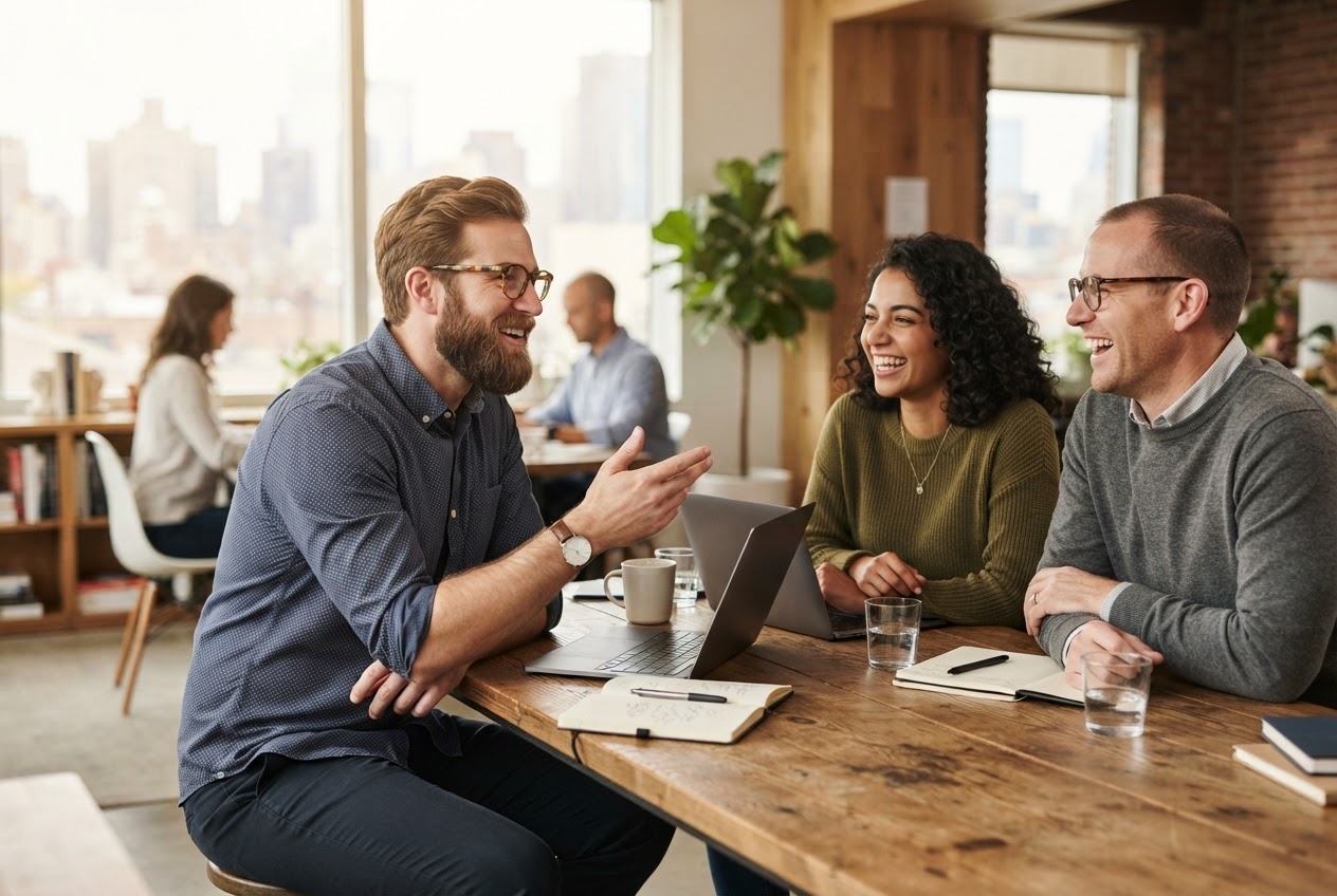 Bearded man talking with colleagues in an office