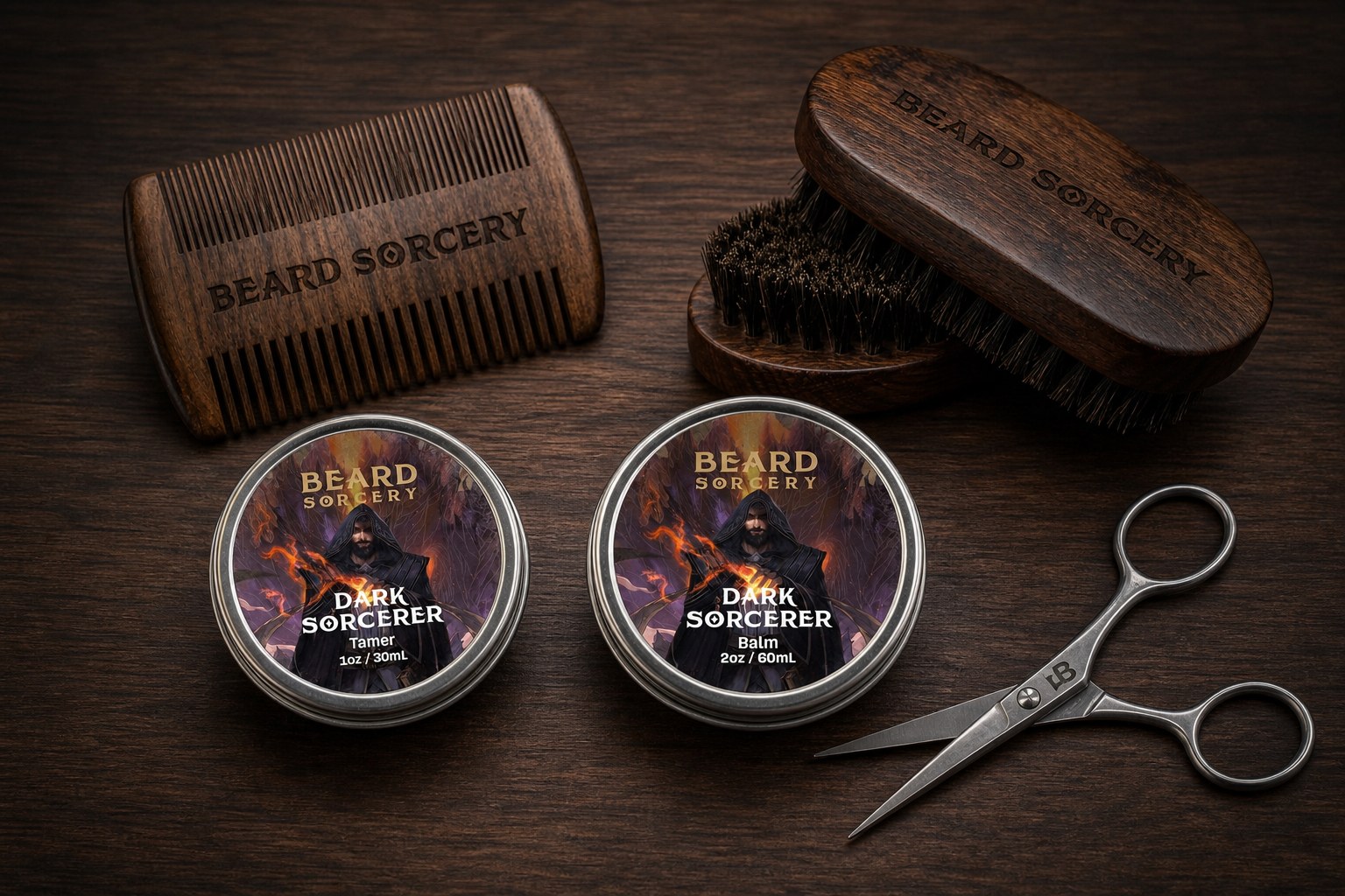 Beard Sorcery comb, brush, tamer, balm, and trimming scissors