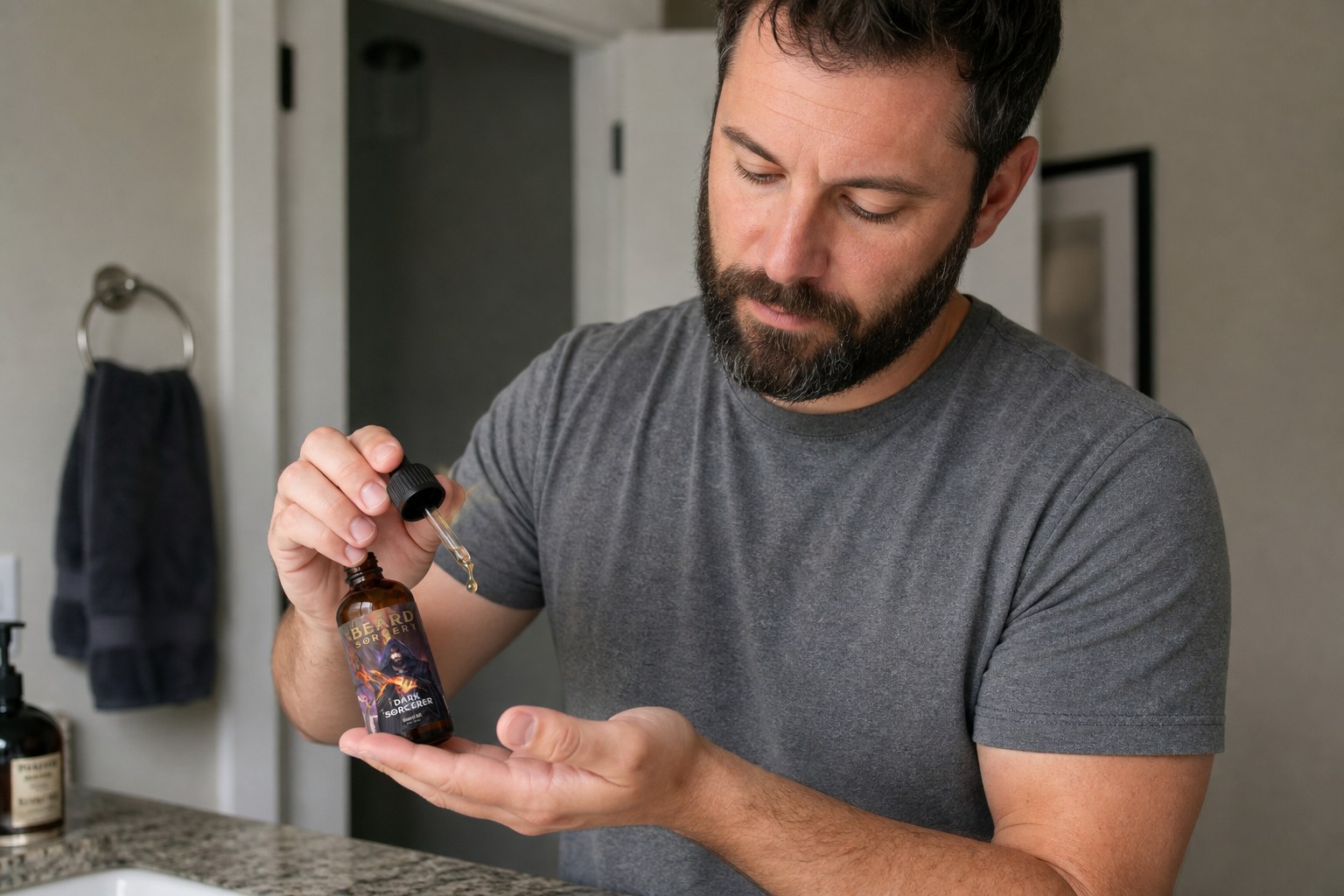 Dispensing Beard Sorcery Dark Sorcerer Beard Oil into a palm