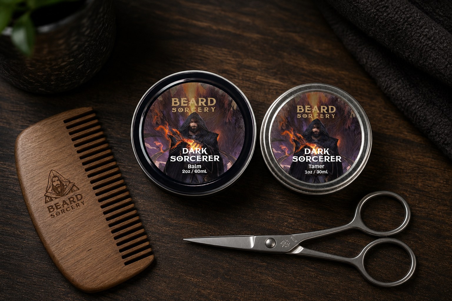 Beard Sorcery Dark Sorcerer balm and tamer tins with comb and scissors
