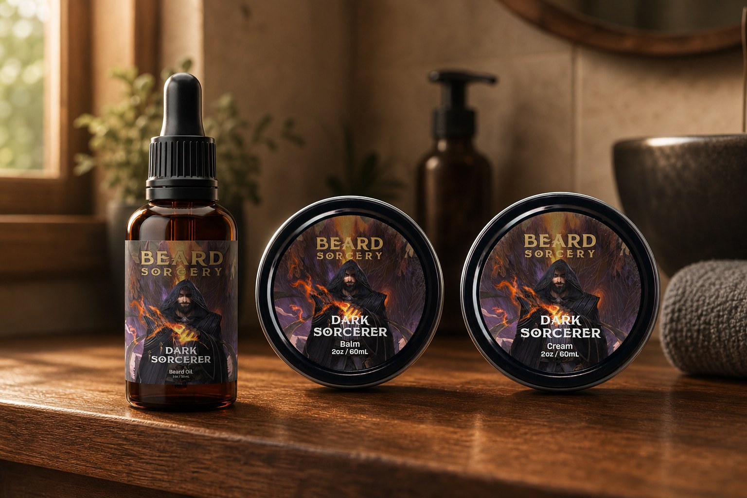Beard Sorcery Dark Sorcerer beard oil, balm, and cream side by side