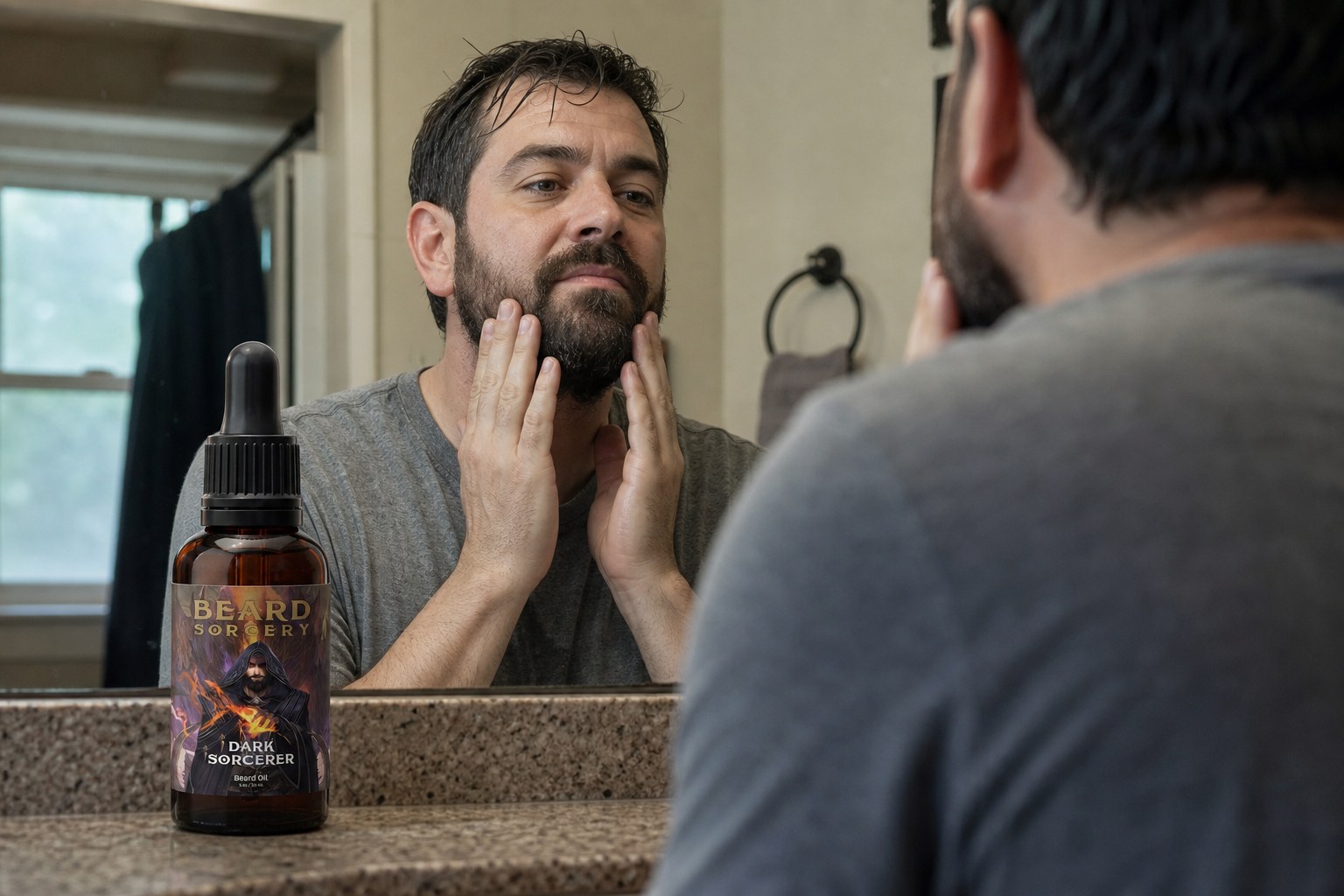 Beard Sorcery Dark Sorcerer Beard Oil on the counter after a workout