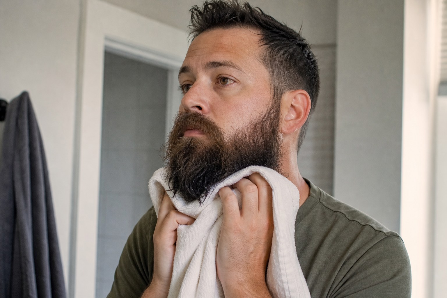 Pressing a towel against a damp beard instead of rubbing it dry
