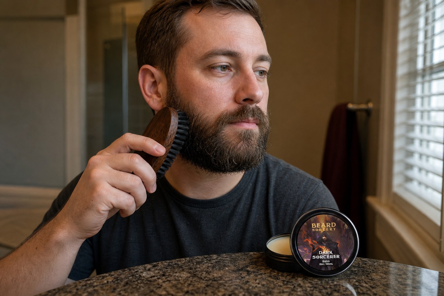 Brushing a beard downward with a boar hair beard brush