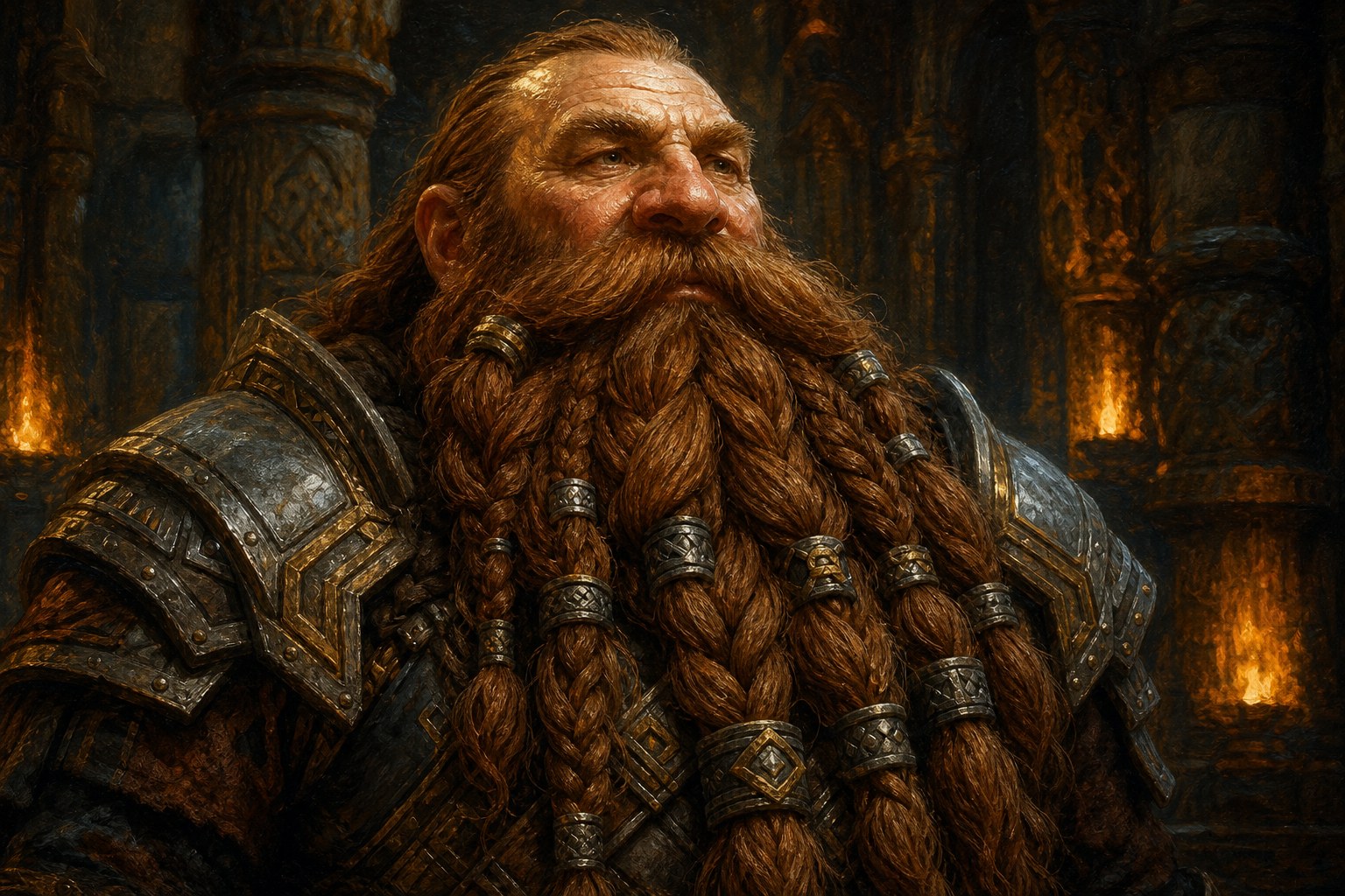 Dwarf warrior with a long braided beard woven with iron rings