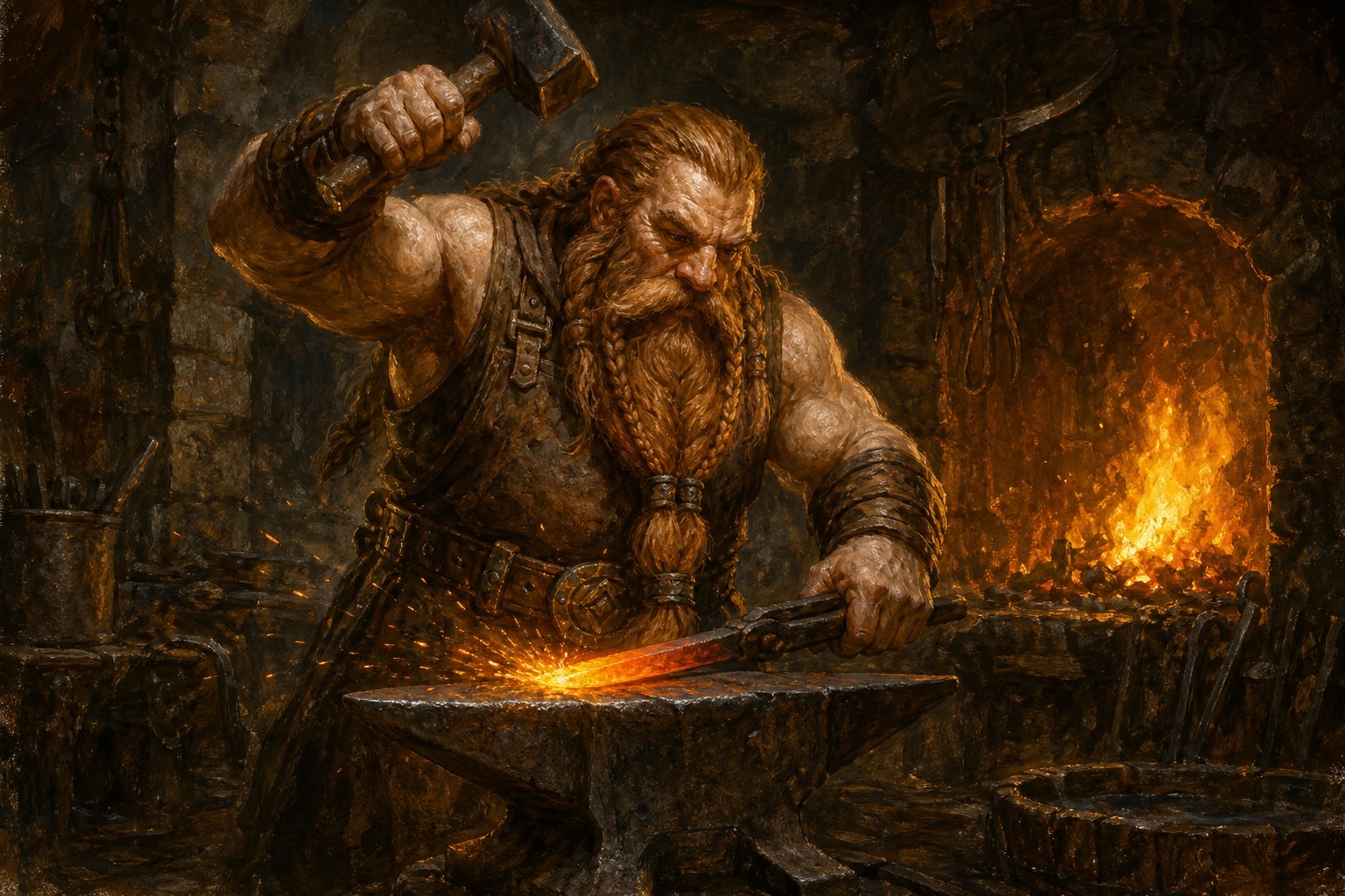 Dwarf blacksmith with his forked beard tucked into his belt at the forge