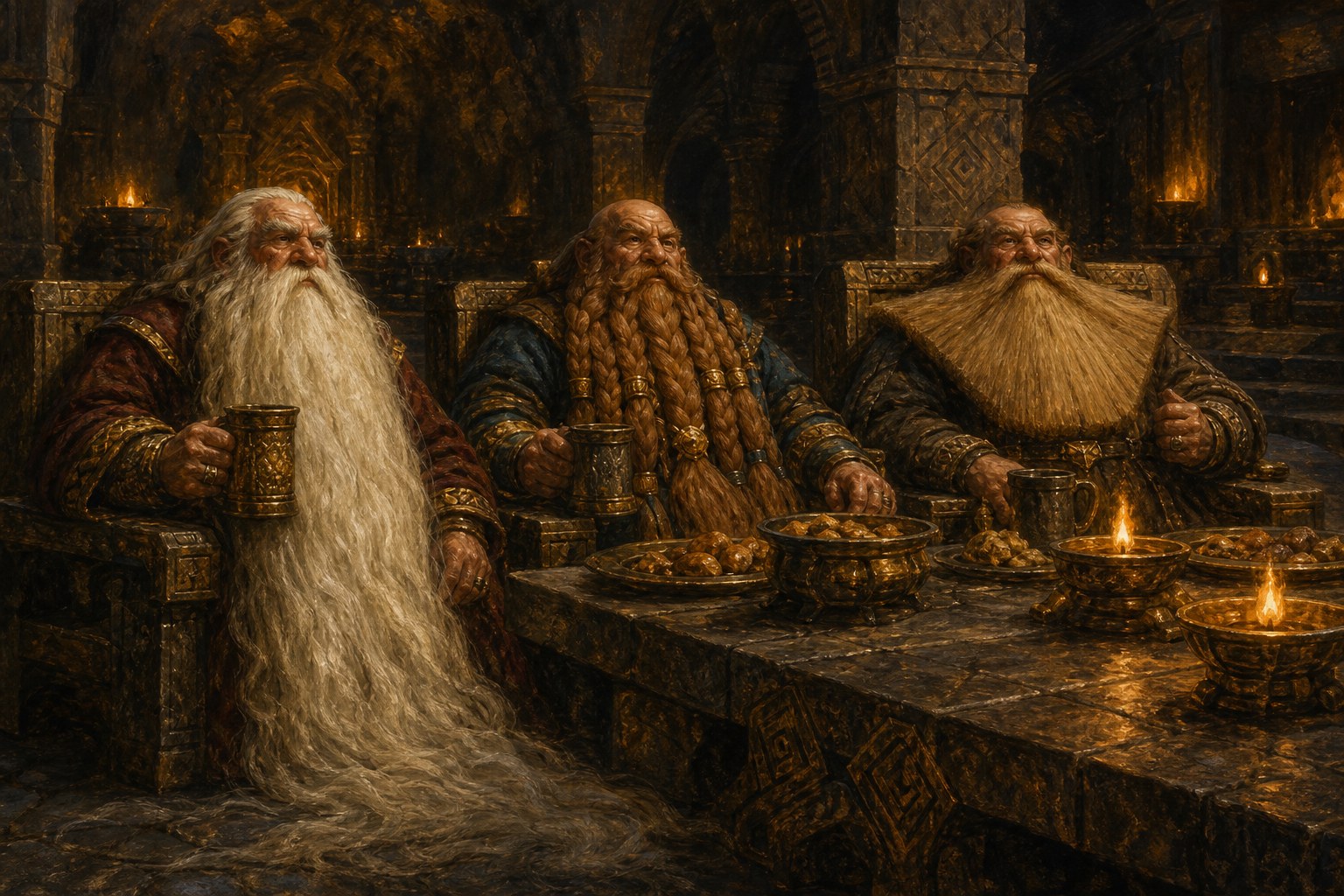 Three dwarven elders with distinctly different legendary beards