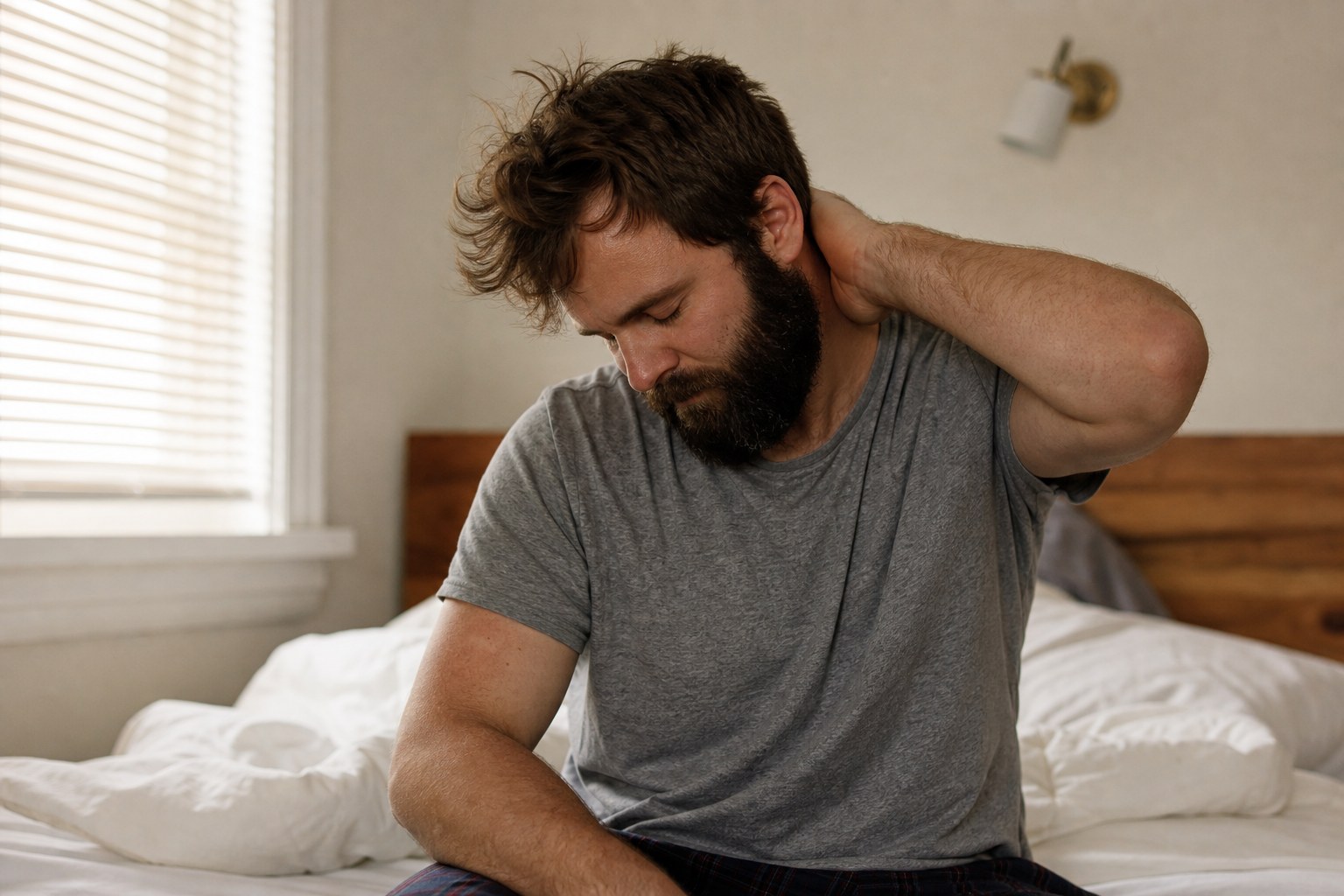 Bearded man sitting on the edge of the bed after a full night of sleep