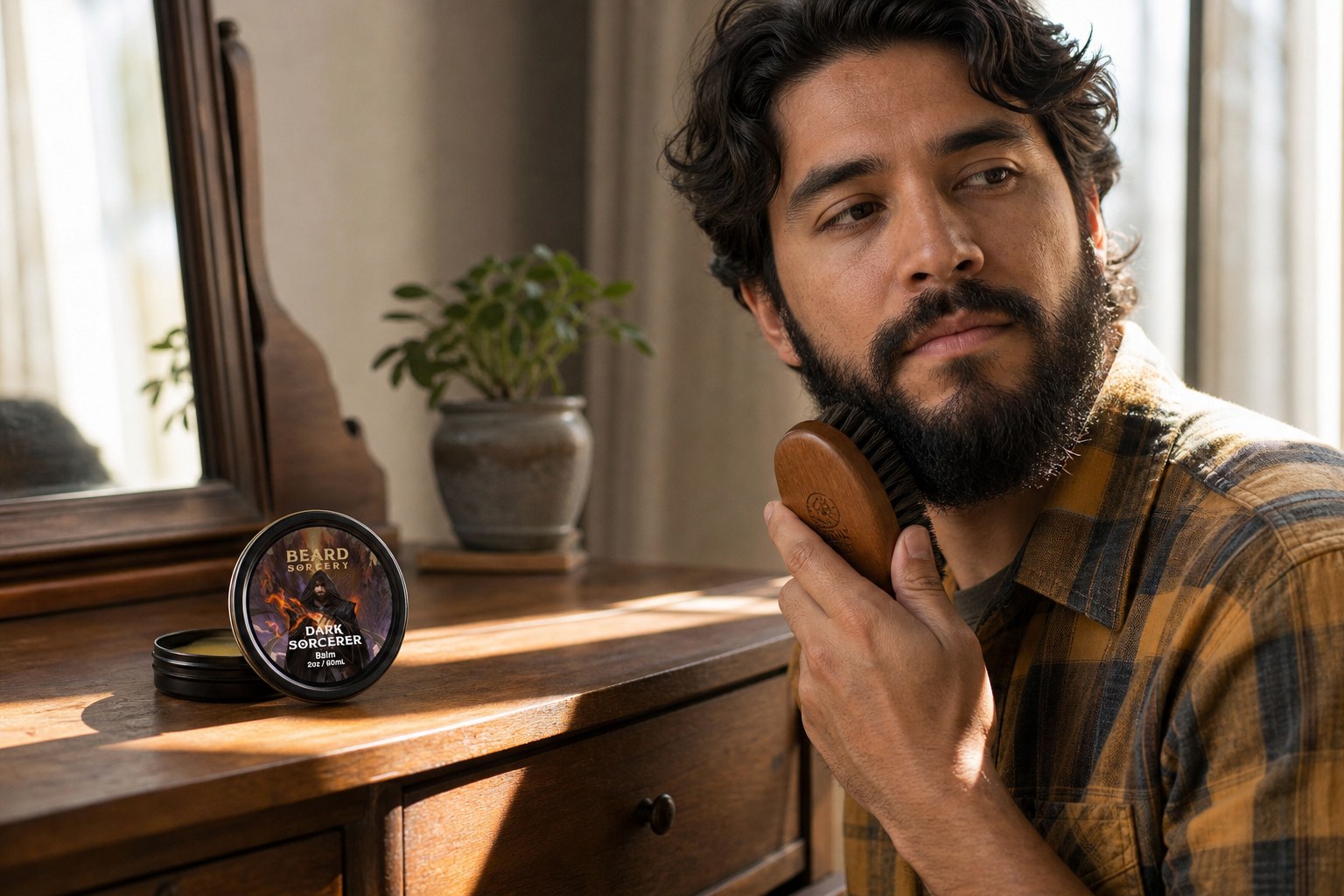 Brushing a beard downward with a boar hair beard brush