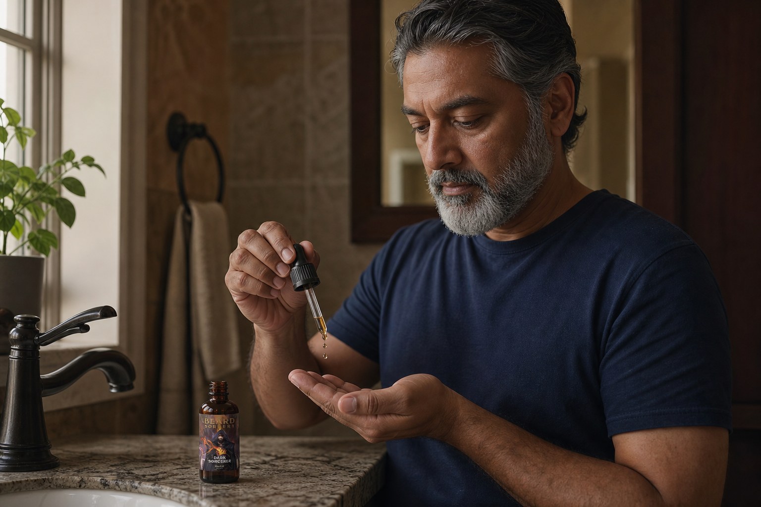 Shaking beard oil into a cupped palm at the bathroom sink