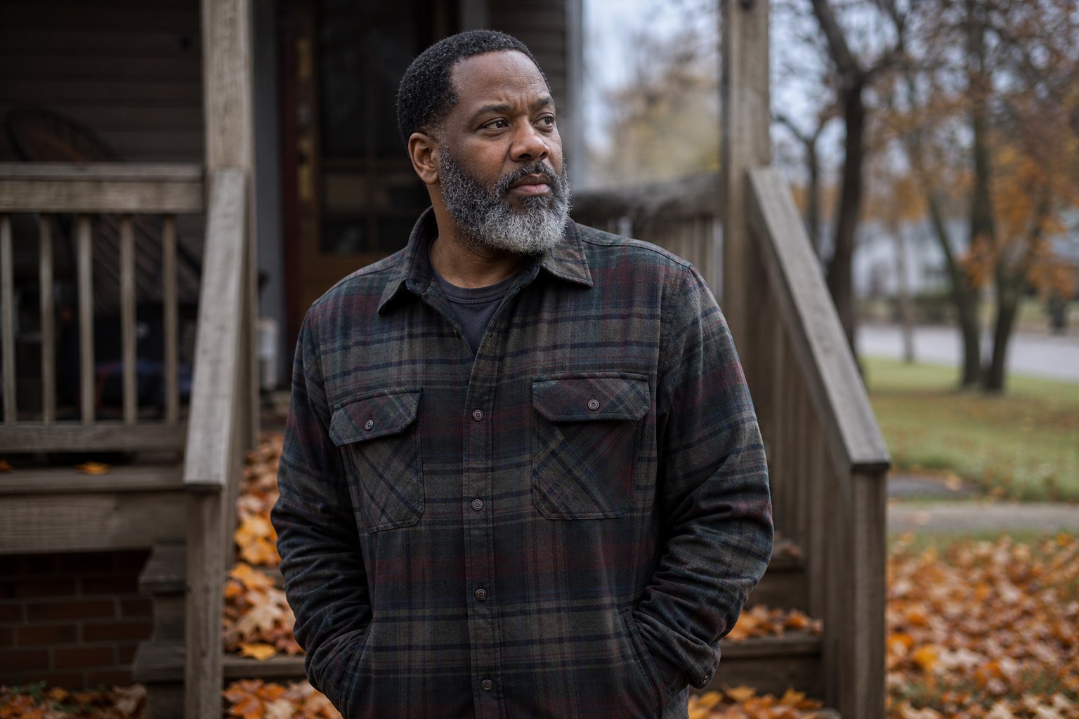 Bearded man in a flannel shirt on a porch on a cool fall morning