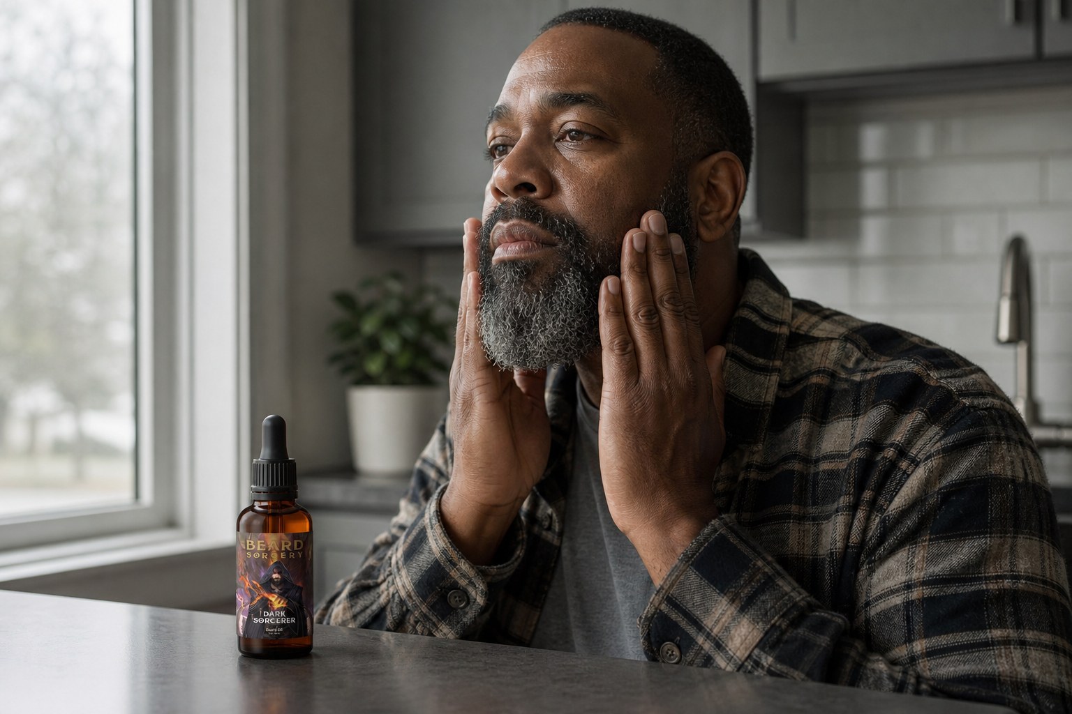 Man working beard oil into his beard in a kitchen, Beard Sorcery beard oil bottle on the counter