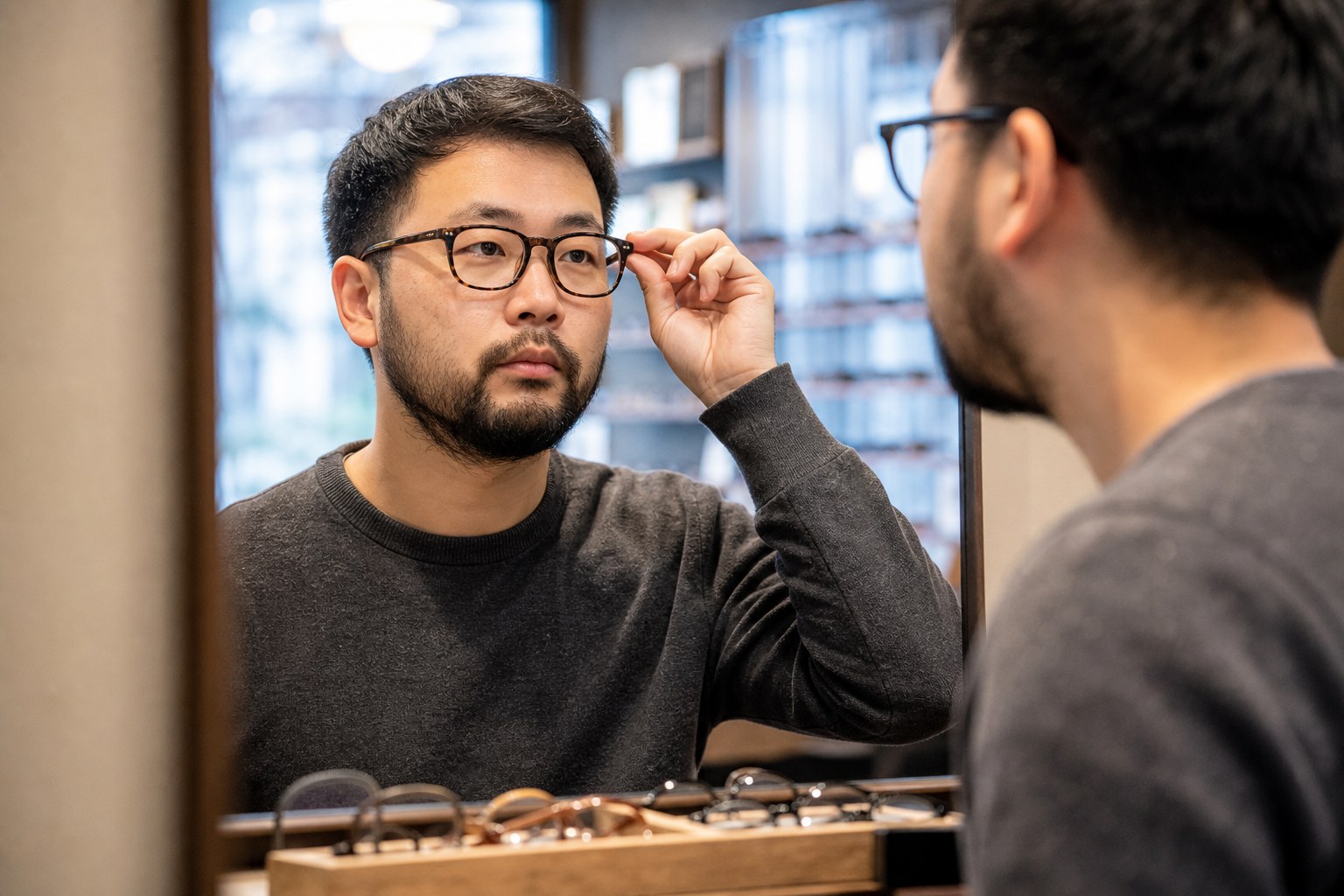Bearded man trying on rectangular glasses frames in front of a mirror