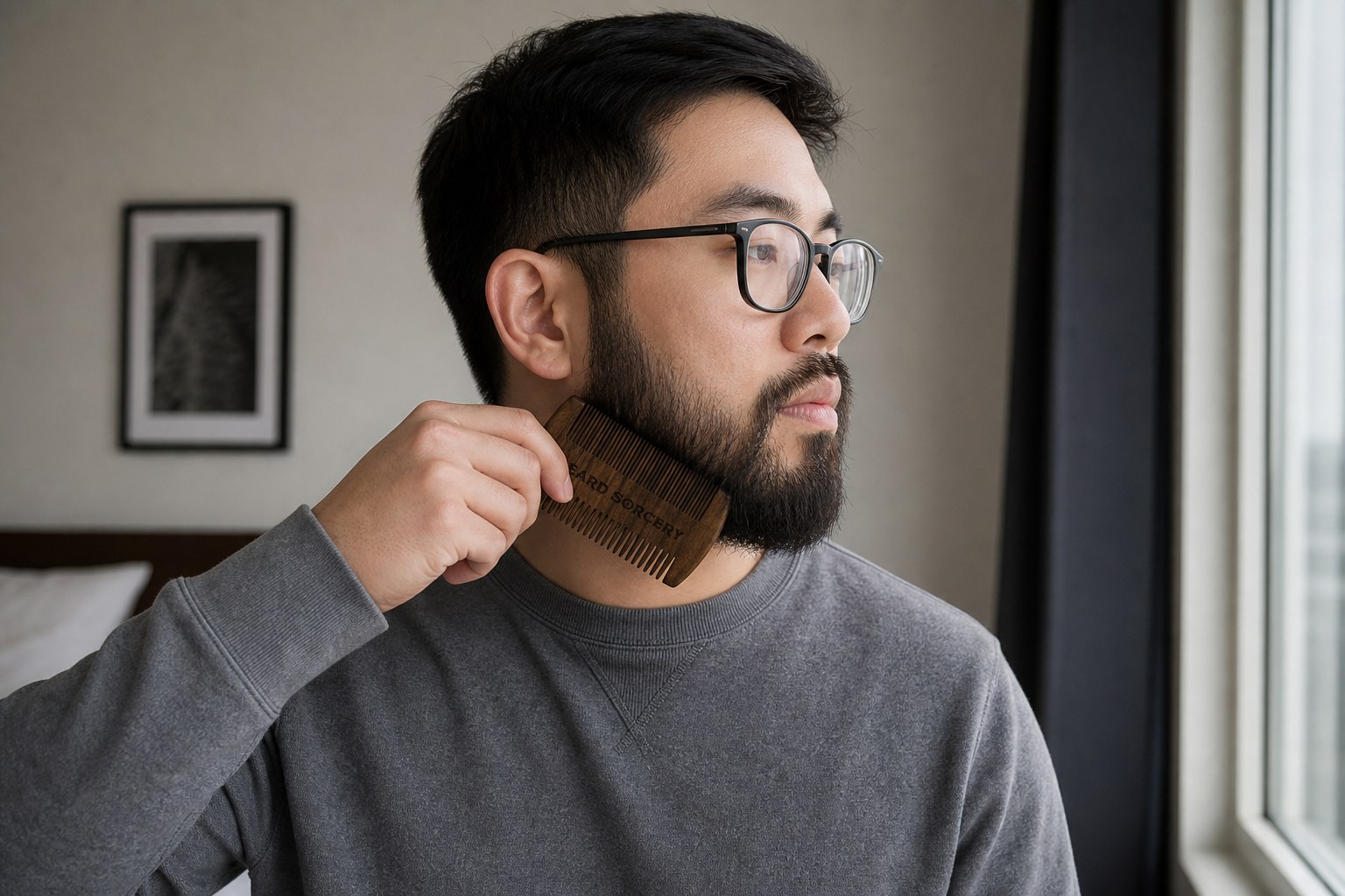 Bearded man in glasses combing his beard with a Beard Sorcery sandalwood comb