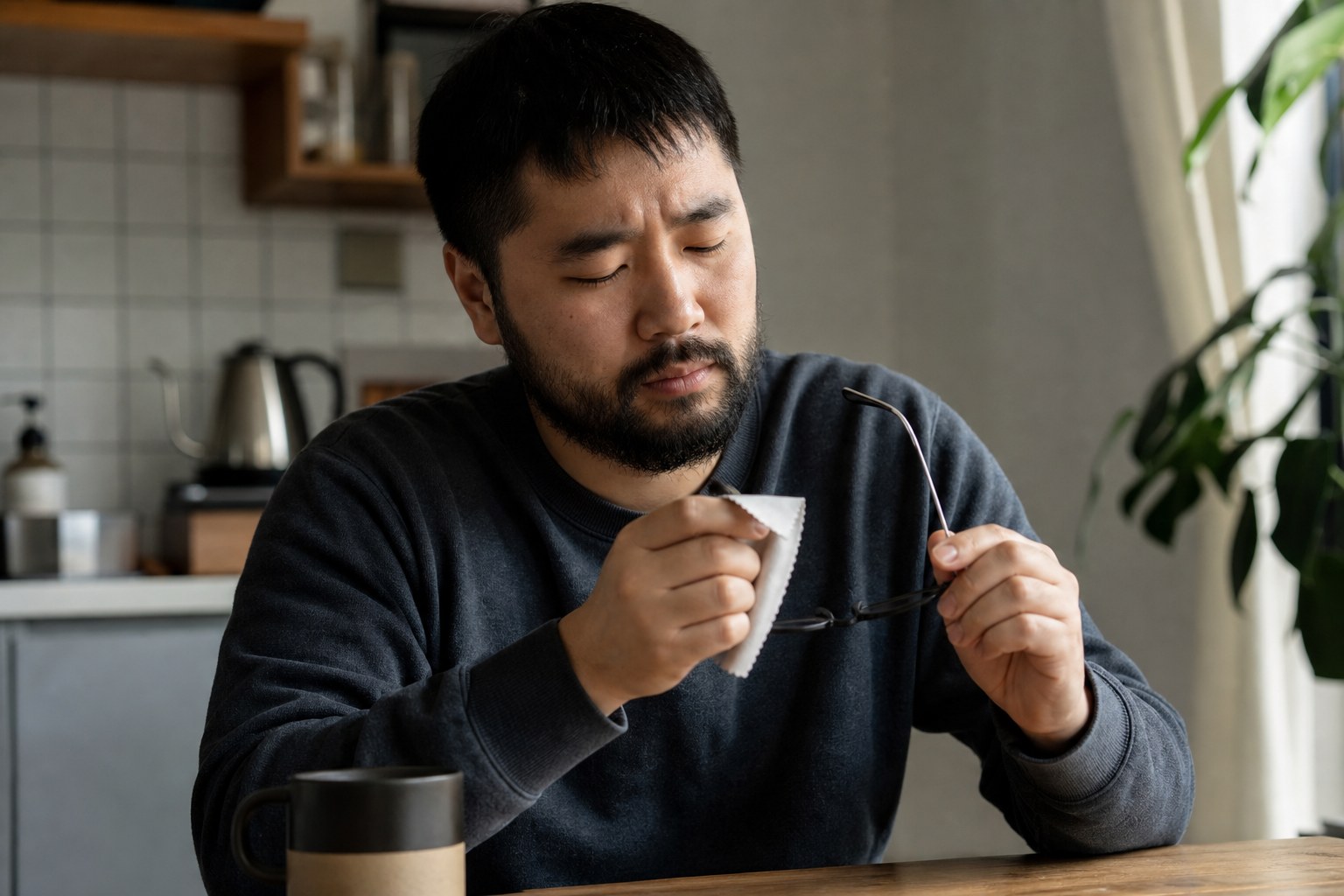 Bearded man cleaning his glasses at a kitchen table