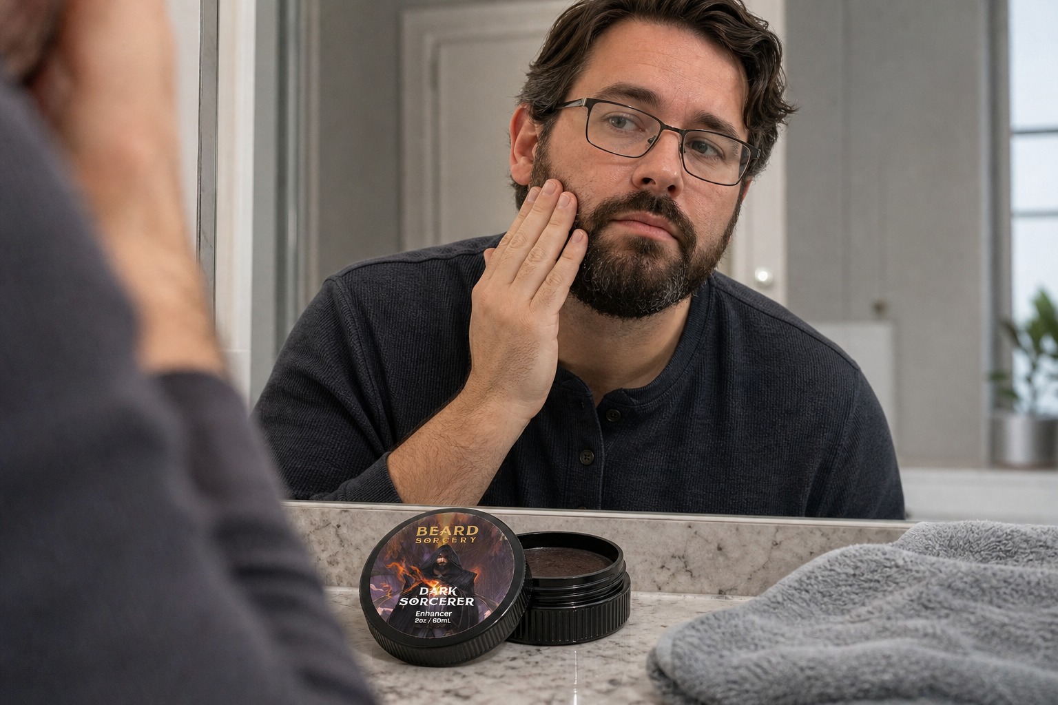 Pressing beard enhancer into the skin along the cheek line