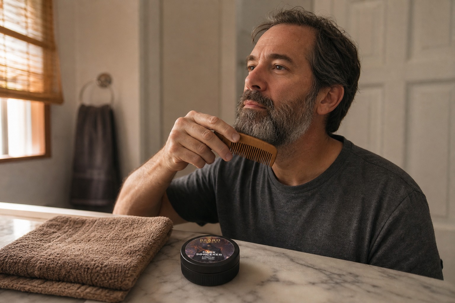 Combing a beard downward with a sandalwood beard comb